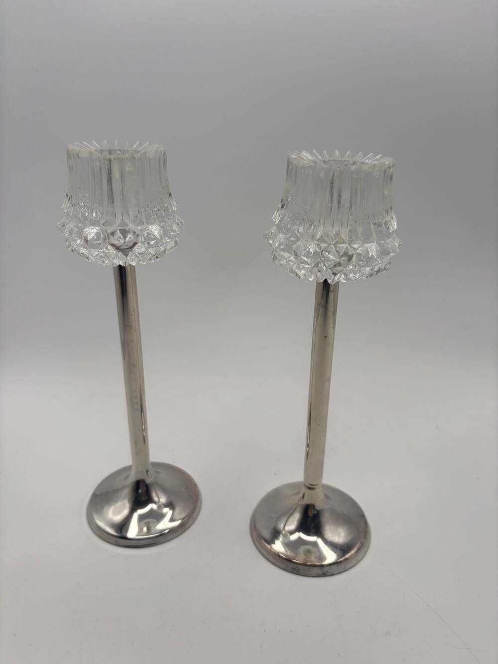 Vintage Cut Glass And Silver Plated Base Tulip Candle Holders Pair